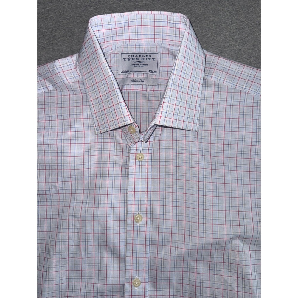 Charles Tyrwhitt Mens Slim Fit Shirt 16.5 34 White Plaid Preppy Business Office